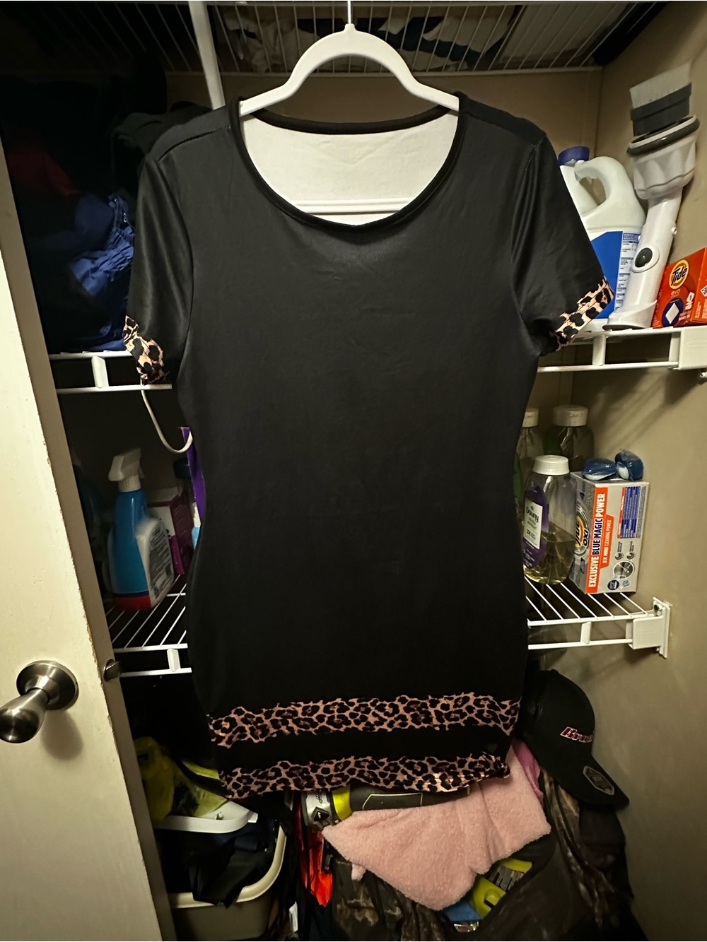 Black Short-Sleeve T-Shirt Dress with Leopard Trim